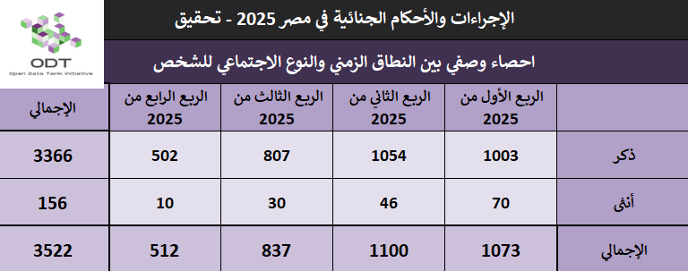 الإجراءات والأحكام الجنائية في مصر 2025 – جلسات تحقيق لأول مرة 04 احصاء وصفي بين النطاق الزمني والنوع الاجتماعي للشخص تحقيق